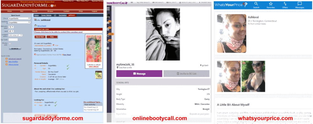 Alissa Longo's dating profiles on some of the more well known online dating/prostitution style websites.